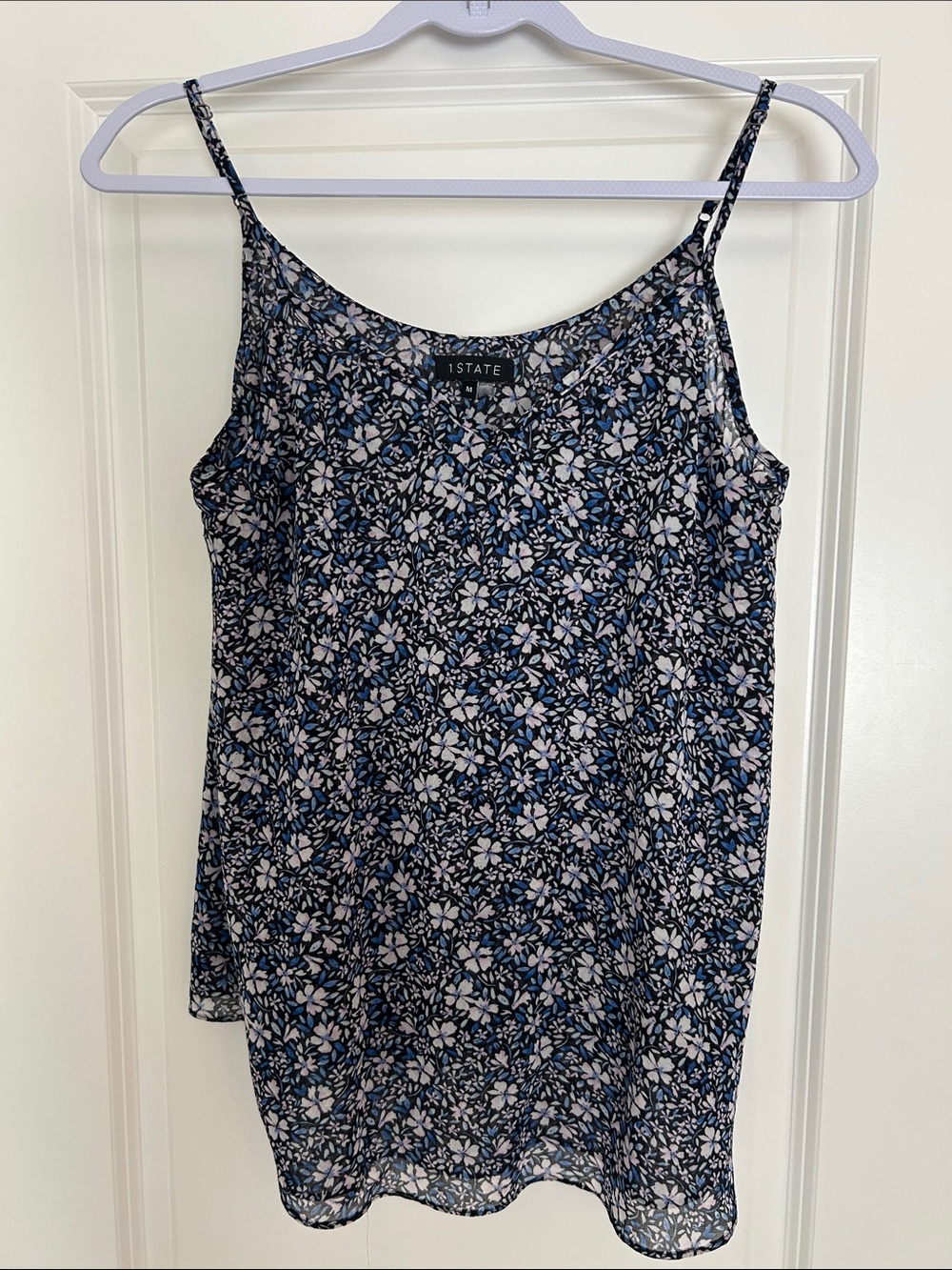 1. State Navy Floral Spaghetti-Strap Camisole with Blue and White Flowers
